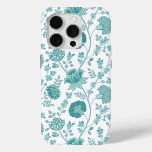 Jacobean Floral Big Pattern Teals on White iPhone 15 Pro Case