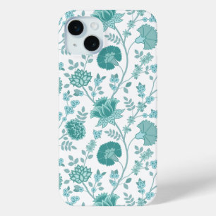 Jacobean Floral Big Pattern Teals on White iPhone 15 Mini Case