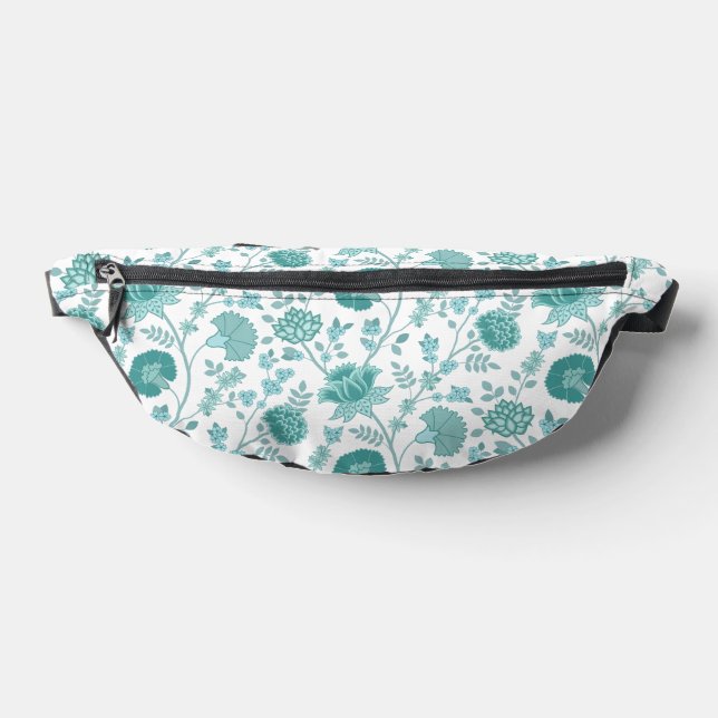 Jacobean Floral Big Pattern Teals on White Fanny Pack (Lay Down)