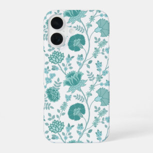 Jacobean Floral Big Pattern Teals on White iPhone 16 Case
