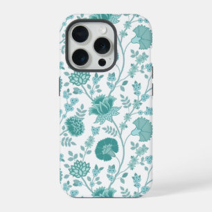 Jacobean Floral Big Pattern Teals on White iPhone 15 Pro Case