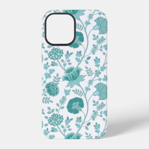 Jacobean Floral Big Pattern Teals on White iPhone 12 Case