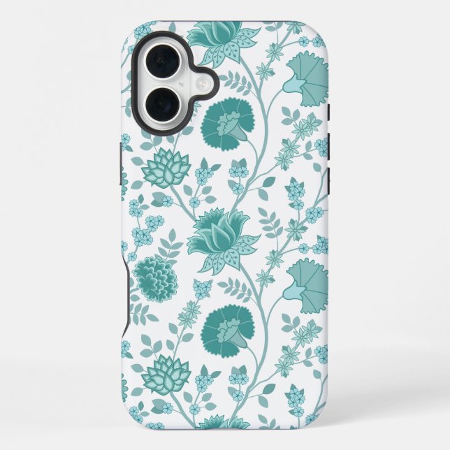 Jacobean Floral Big Pattern Teals on White iPhone Case (Back)