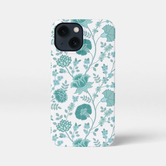 Jacobean Floral Big Pattern Teals on White iPhone Case (Back)
