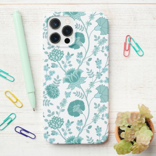 Jacobean Floral Big Pattern Teals on White iPhone Case (On Desk)