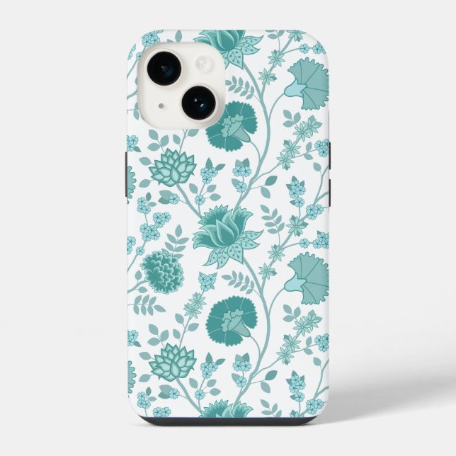 Jacobean Floral Big Pattern Teals on White iPhone Case (Back)
