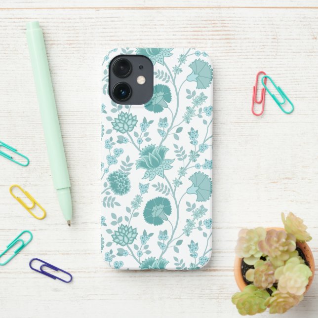 Jacobean Floral Big Pattern Teals on White iPhone Case (On Desk)