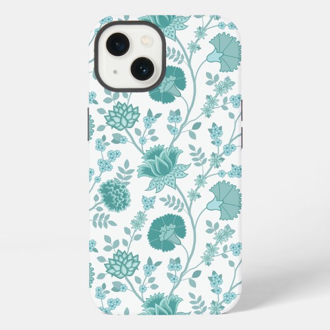 Jacobean Floral Big Pattern Teals on White iPhone Case (Back)