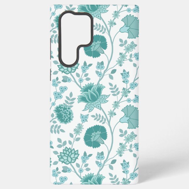 Jacobean Floral Big Pattern Teals on White Samsung Galaxy S22 Ultra Case (Back)