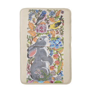Jacobean Floral Bunny Rabbit and Birds Bath Mat