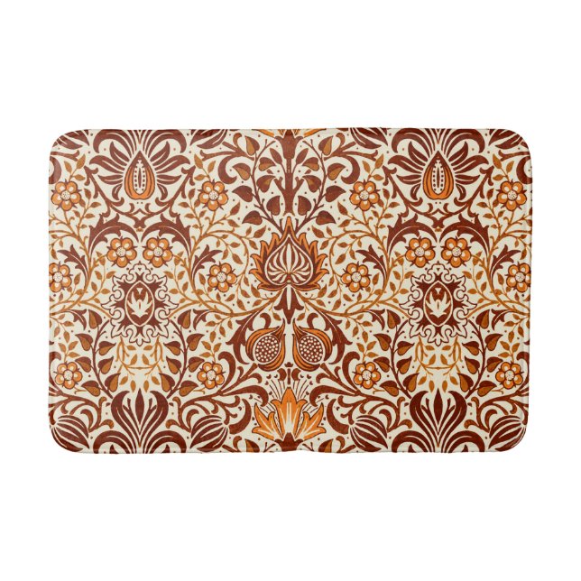 Jacobean Floral Damask, Beige and Chocolate Brown Bath Mat (Front)