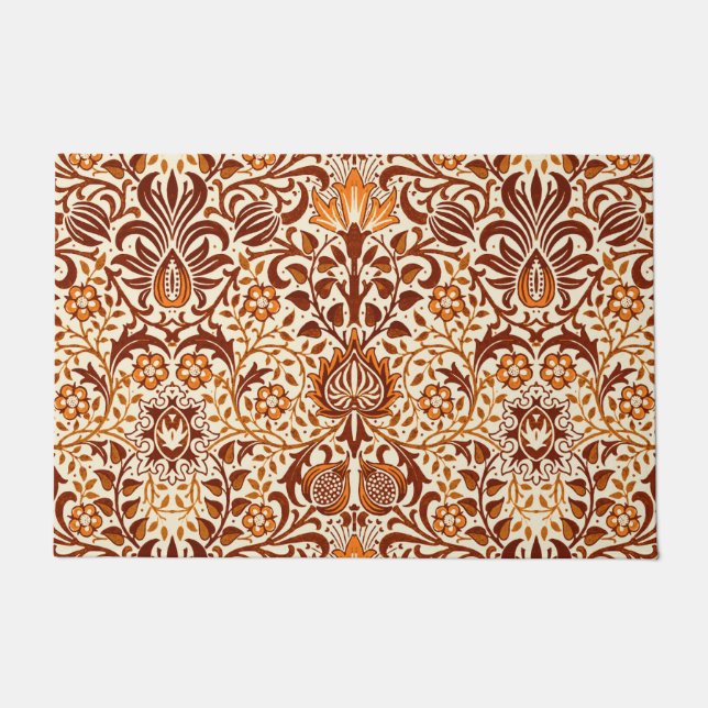 Jacobean Floral Damask, Beige and Chocolate Brown Doormat (Front)