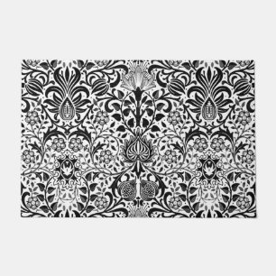 Jacobean Floral Damask, Black, White and Grey Doormat