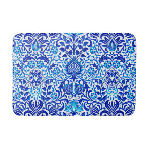 Jacobean Floral Damask, Cobalt Blue and White Bath Mat