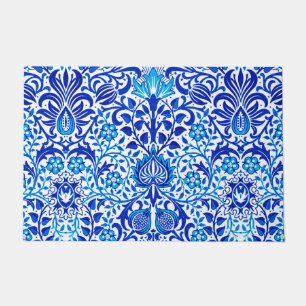 Jacobean Floral Damask, Cobalt Blue and White Doormat