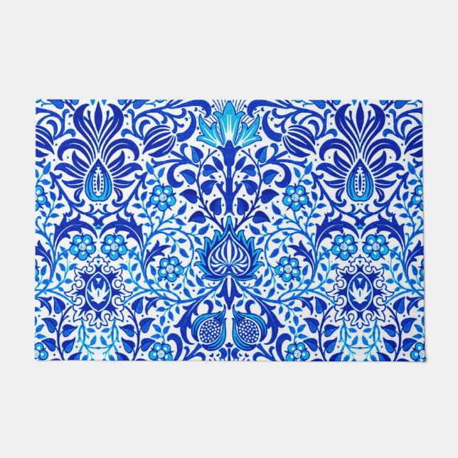 Jacobean Floral Damask, Cobalt Blue and White Doormat (Front)