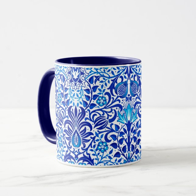 Jacobean Floral Damask, Cobalt Blue and White Mug (Front Left)