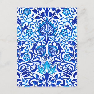 Jacobean Floral Damask, Cobalt Blue and White Postcard