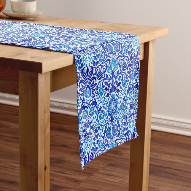 Jacobean Floral Damask, Cobalt Blue and White Short Table Runner (In Situ)