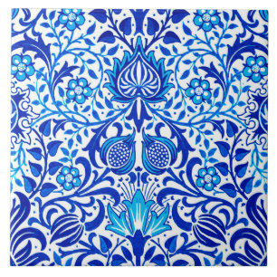 Jacobean Floral Damask, Cobalt Blue and White Tile