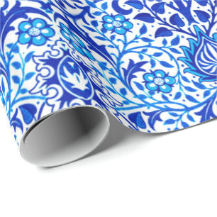 Jacobean Floral Damask, Cobalt Blue and White Wrapping Paper