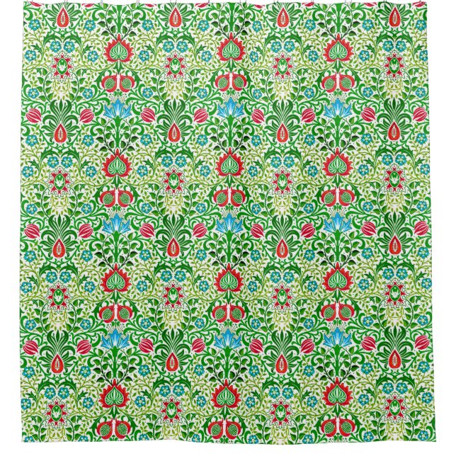 Jacobean Floral Damask, Green and Coral Red (Front)