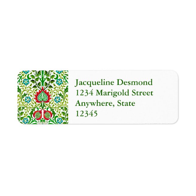 Jacobean Floral Damask, Green and Coral Red (Front)