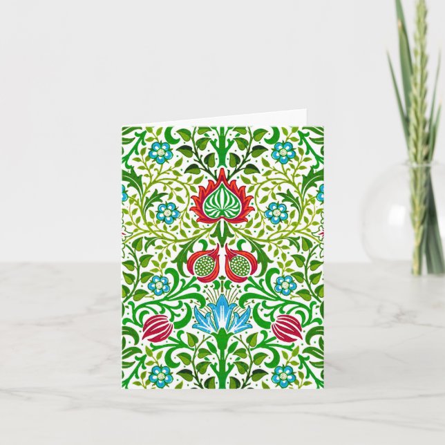 Jacobean Floral Damask, Green and Coral Red Card (Front)