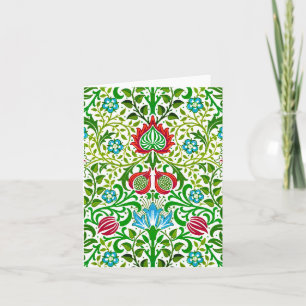 Jacobean Floral Damask, Green and Coral Red Card
