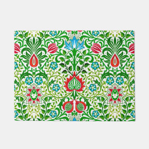 Jacobean Floral Damask, Green and Coral Red Doormat
