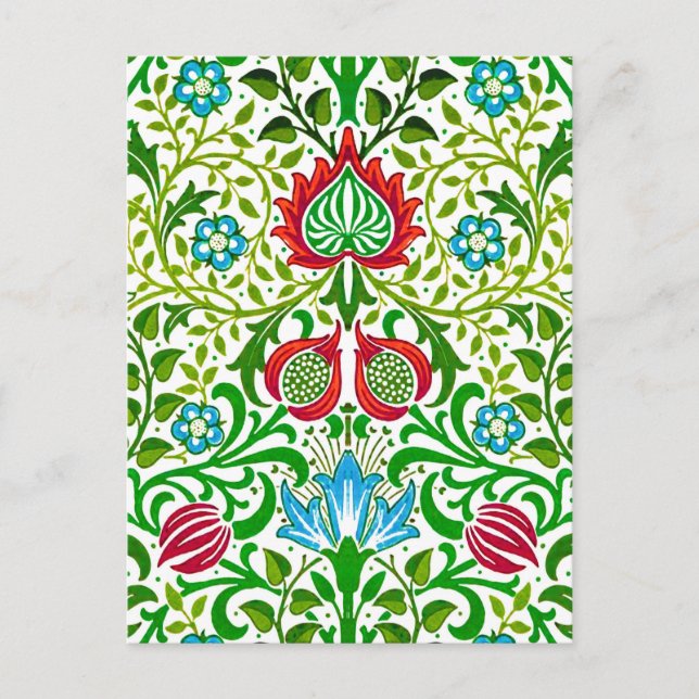 Jacobean Floral Damask, Green and Coral Red Postcard (Front)
