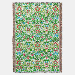 Jacobean Floral Damask, Green and Coral Red Throw Blanket