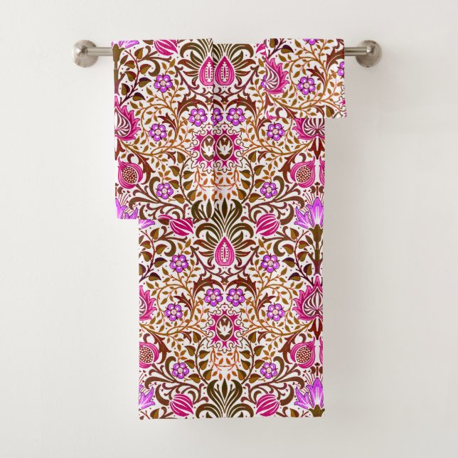 Jacobean Floral Damask, Pink, Violet and Brown  Bath Towel Set (Insitu)
