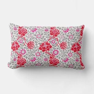Jacobean Floral, Deep Red, Pink and Gray Lumbar Pi Pillow