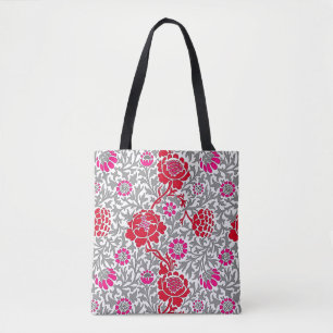 Jacobean Floral , Deep Red Pink and Gray Tote Bag