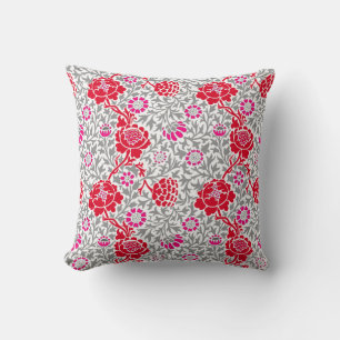 Jacobean Floral, Deep Red, Pink and Grey Throw Pillow