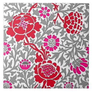 Jacobean Floral , Deep Red Pink and Grey Tile
