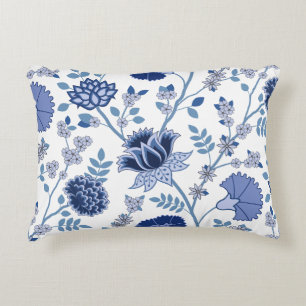 Jacobean Floral Lg Pattern Blue on White Accent Pillow