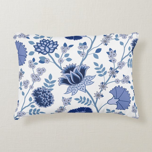 Jacobean Floral Lg Pattern Blue on White Accent Pillow (Front)