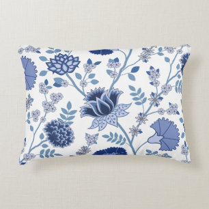 Jacobean Floral Lg Pattern Blue on White Accent Pillow