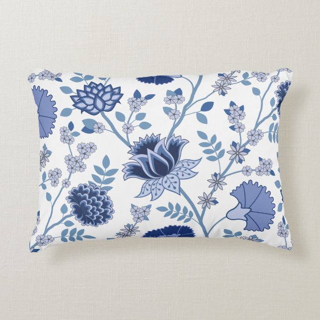 Jacobean Floral Lg Pattern Blue on White Accent Pillow (Front)