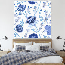 Jacobean Floral Lg Pattern Blue on White