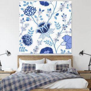 Jacobean Floral Lg Pattern Blue on White Canvas Print