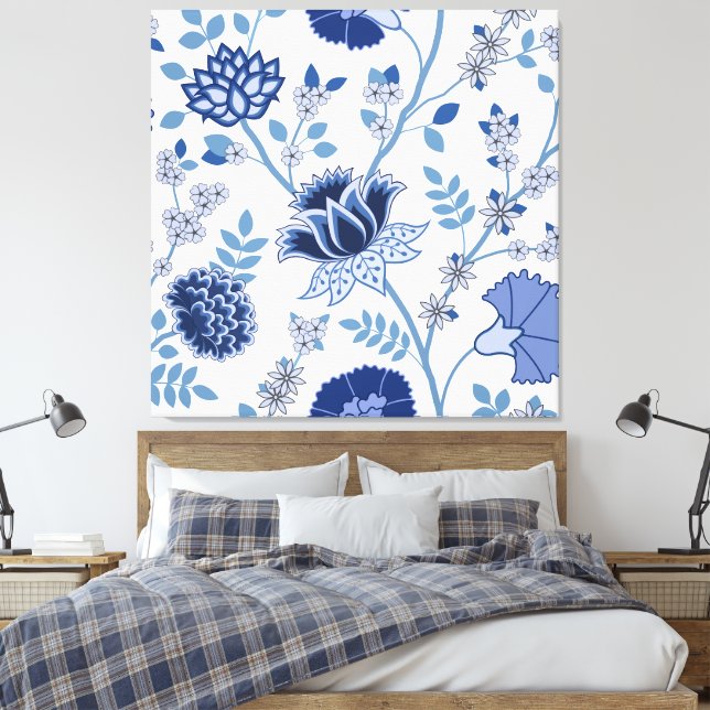 Jacobean Floral Lg Pattern Blue on White Canvas Print (Insitu(Bedroom))