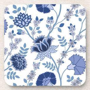 Jacobean Floral Lg Pattern Blue on White Coaster