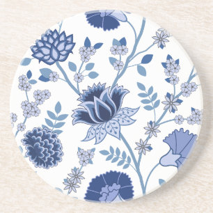 Jacobean Floral Lg Pattern Blue on White Coaster