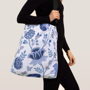Jacobean Floral Lg Pattern Blue on White Crossbody Bag
