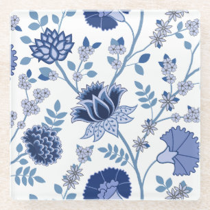 Jacobean Floral Lg Pattern Blue on White Glass Coaster