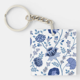 Jacobean Floral Lg Pattern Blue on White Keychain