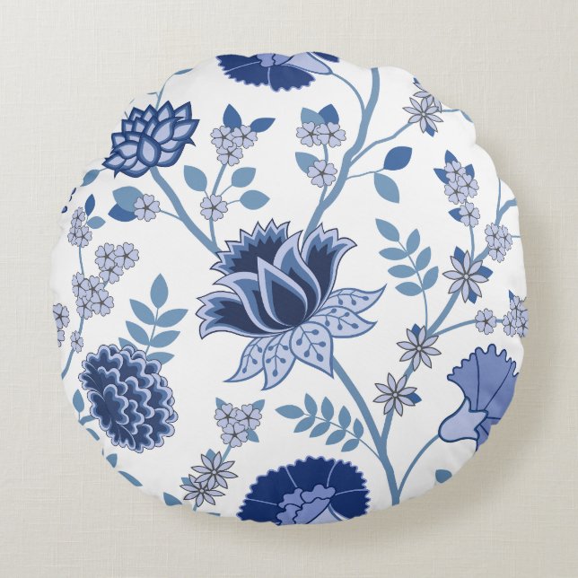 Jacobean Floral Lg Pattern Blue on White Round Pillow (Front)
